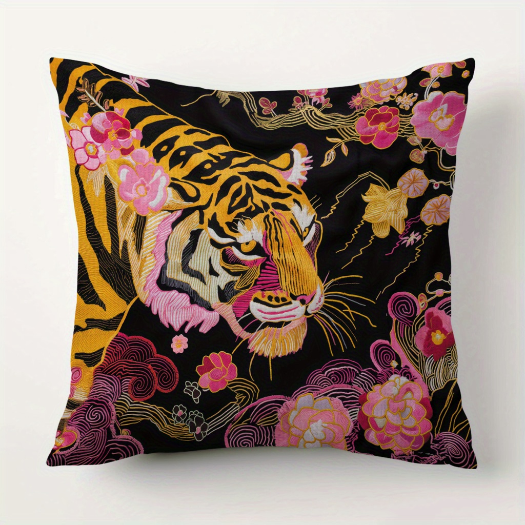 

1pc, Tiger, Flowers Pattern Texture Pattern Printed Pillowcases, Cushions, Pillowcases, Suitable For Sofa Beds, Car Living Rooms, Home Decoration Room Decoration, No Pillow Core, 17.7 * 17.7 In
