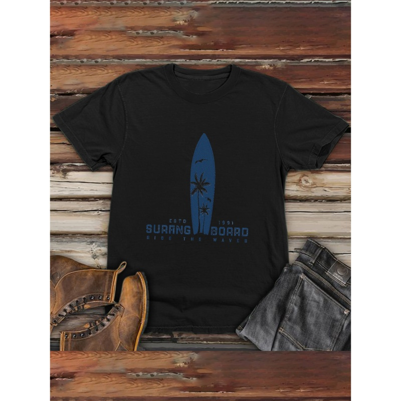 

Surfing Board Print Crew Neck T-shirt For Men, Casual Short Sleeve Top, Men's Clothing