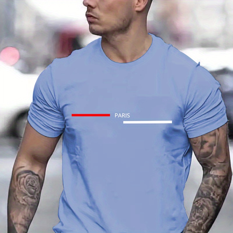 

Paris Pattern Print Men's Fashionable Creative Top, Casual Short Sleeve Crew Neck T-shirt, Men's Clothing For Summer Outdoor