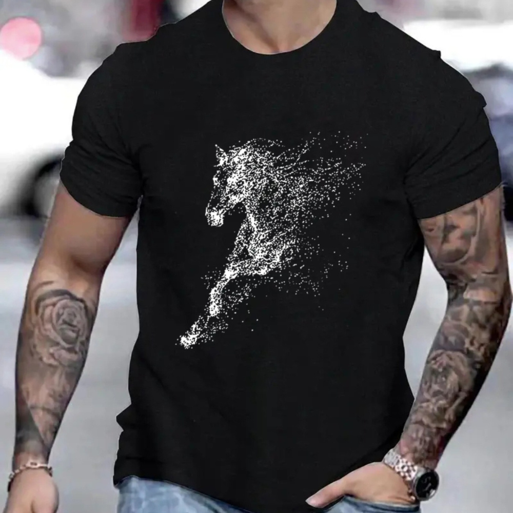 

Horse Print Men's Crew Neck Fashionable Short Sleeve Sports T-shirt, Comfortable And Versatile, For Summer And Spring, Athletic Style, Comfort Fit T-shirt, As Gifts