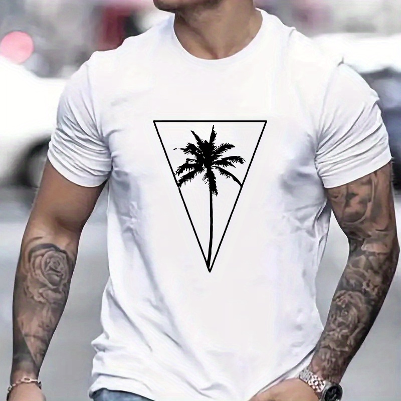 

Coconut Tree Graphic Men's Short Sleeve T-shirt, Comfy Stretchy Trendy Tees For Summer, Casual Daily Style Fashion Clothing