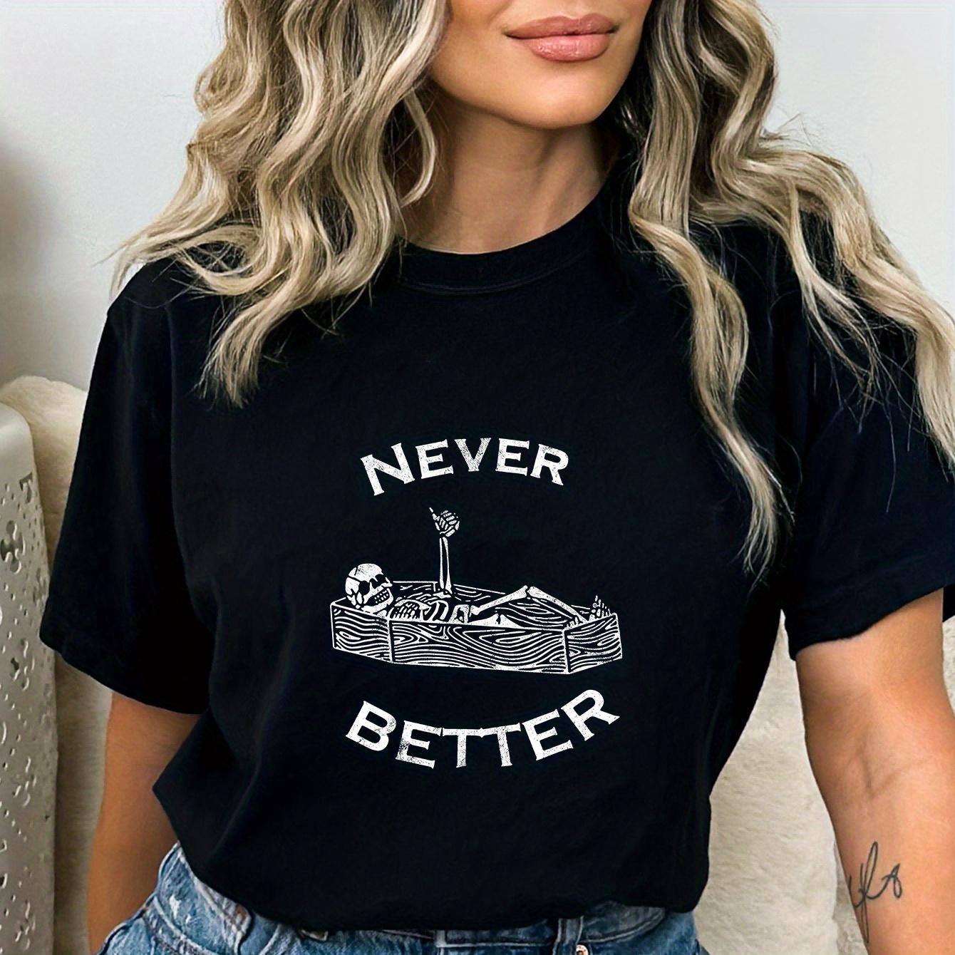 

Never Better Print Crew Neck T-shirt, Casual Short Sleeve Top For Spring & Summer, Women's Clothing