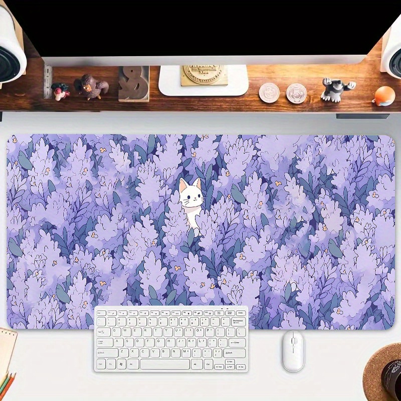 

Cute Cartoon Cat Purple Flowers Large Game Mouse Pad Computer Hd Desk Mat Keyboard Pad Natural Rubber Non-slip Office Mousepad Table Accessories As Gift For Boyfriend/girlfriend Size35.4x15.7in