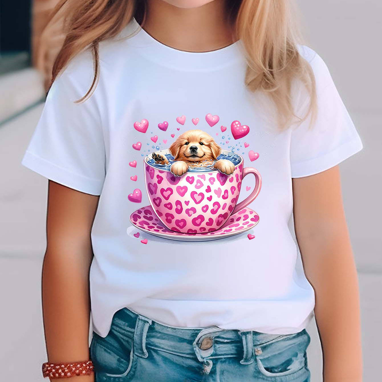 

Girls 100% Cotton Cute Dog In Coffee Cup Graphic T-shirt | Casual Round Neck Short Sleeve Tee | Summer Fashion Kids Clothing