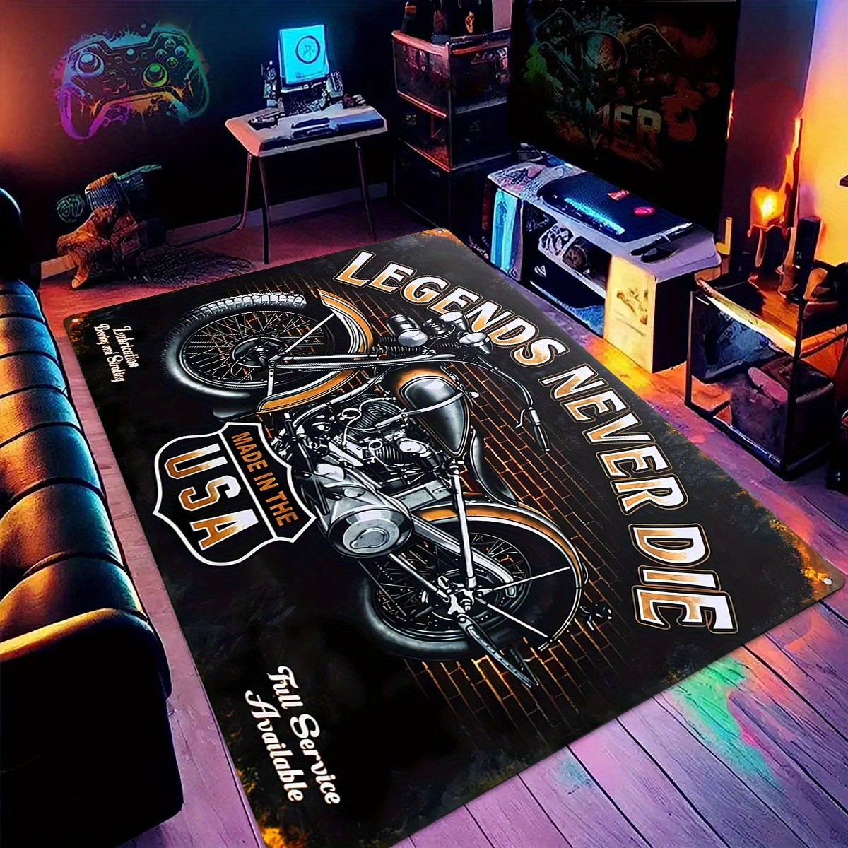 

Vintage Motorcycle Design Area Rug - Soft, Non-slip & Stain Resistant Polyester Floor Mat For Living Room, Bedroom, Office & Kitchen - Easy To Clean & Durable