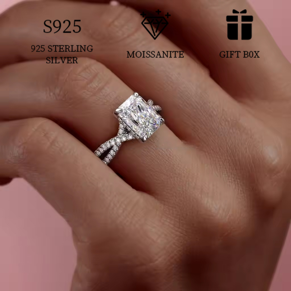 ladies 2ct rectangular moissanite engagement ring s925 sterling silver hypoallergenic cross shank boho   jewelry ideal for proposal anniversary gift box included details 0