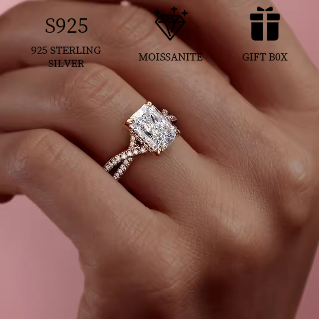 ladies 2ct rectangular moissanite engagement ring s925 sterling silver hypoallergenic cross shank boho   jewelry ideal for proposal anniversary gift box included details 1