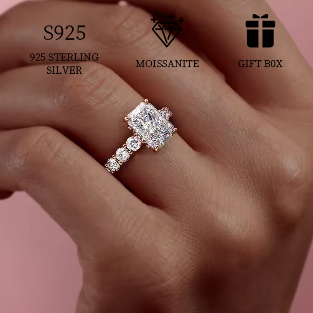 925 sterling silver 2ct rectangular moissanite prong set engagement ring for women elegant personality style boho   ideal for proposal wedding valentines day mothers day delicate gift with box details 1