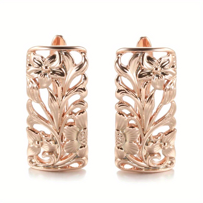 Image of Vintage Square Golden Earrings For Women Hollow Floral Sculpture Classic Bride Wedding Jewelry