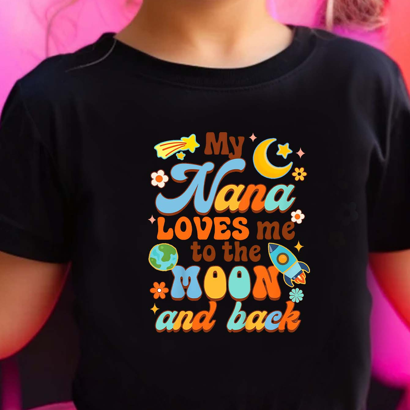 

Girls 100% Cotton Short Sleeve T-shirt With 'my-nana-loves-me-to-the-moon' Letter Graphic, Round Neck, Casual Summer Tees, Kids Clothing Top