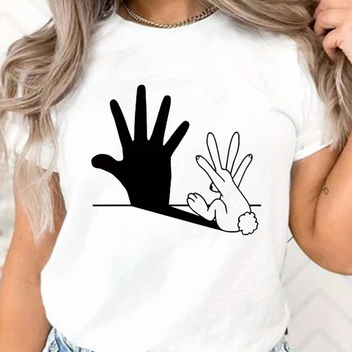 

Cute Rabbit Print T-shirt, Casual Crew Neck Short Sleeve Top For Spring & Summer, Women's Clothing