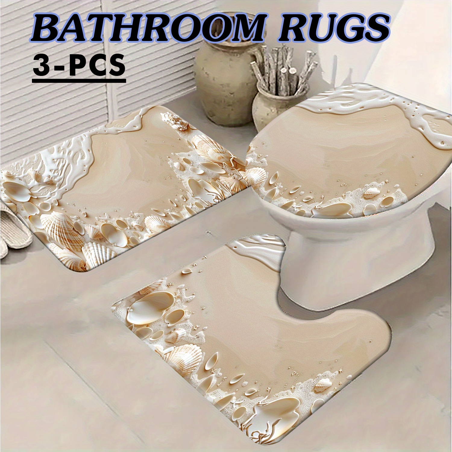 

3pcs Coastal Bathroom Mat Set, Absorbent & Quick-drying Bathroom Floor Carpet, Non-slip & Non-shedding U-shaped Contour Rug & Toilet Lid Mat, For Bathroom Bathtub Toilet, Ideal Bathroom Accessories