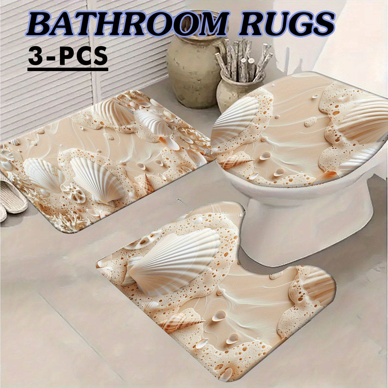 

3pcs Coastal Bathroom Mat Set, Absorbent & Quick-drying Bathroom Floor Carpet, Non-slip & Non-shedding U-shaped Contour Rug & Toilet Lid Mat, For Bathroom Bathtub Toilet, Ideal Bathroom Accessories