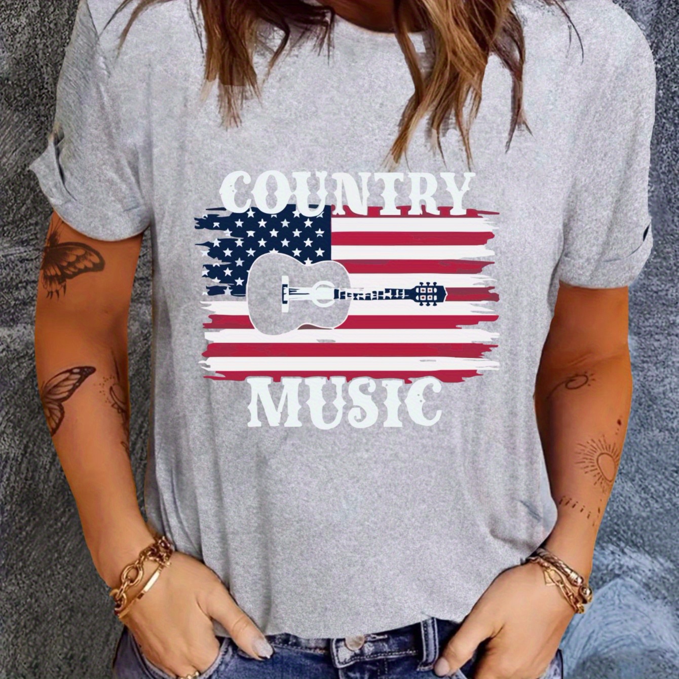 

T-shirt Imprimé De Musique Country, Haut Décontracté À Manches Courtes Et Col Rond Pour Le Printemps Et L'été, Vêtements Pour Femmes