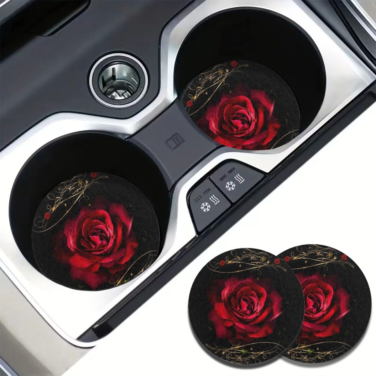 

2pcs Red Roses Design Car Cup Holder Coasters, Absorbent And Stylish Car Accessories For Keeping Your Car Clean - Great Gift For Women And Men