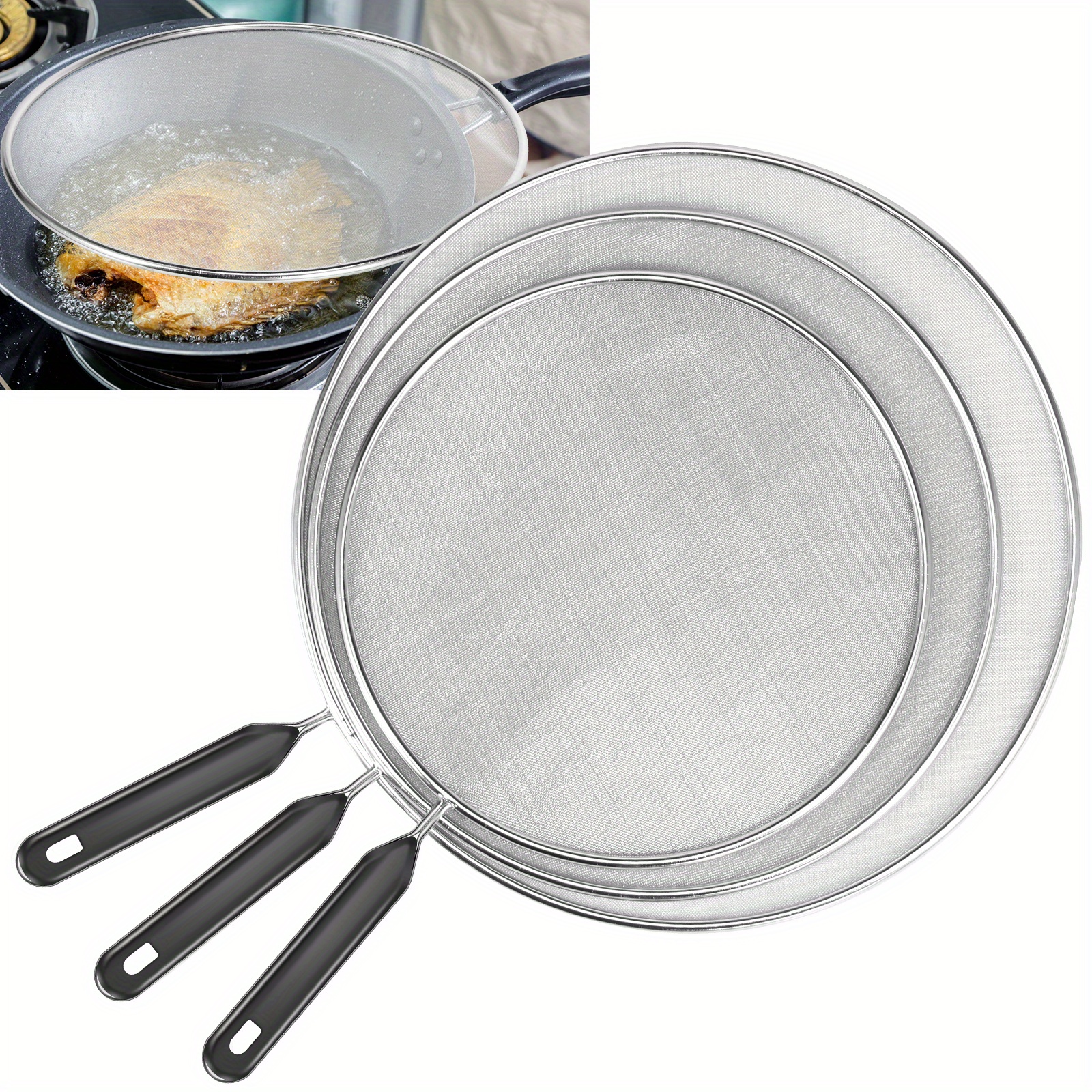 

3pcs, Premium Grease Splatter Screen, Grease Splatter Screen For Frying Pan, For Cooking, Stainless Steel Fine Mesh Splatter Screen With Handle, Kitchen Tools Kitchen Accessories