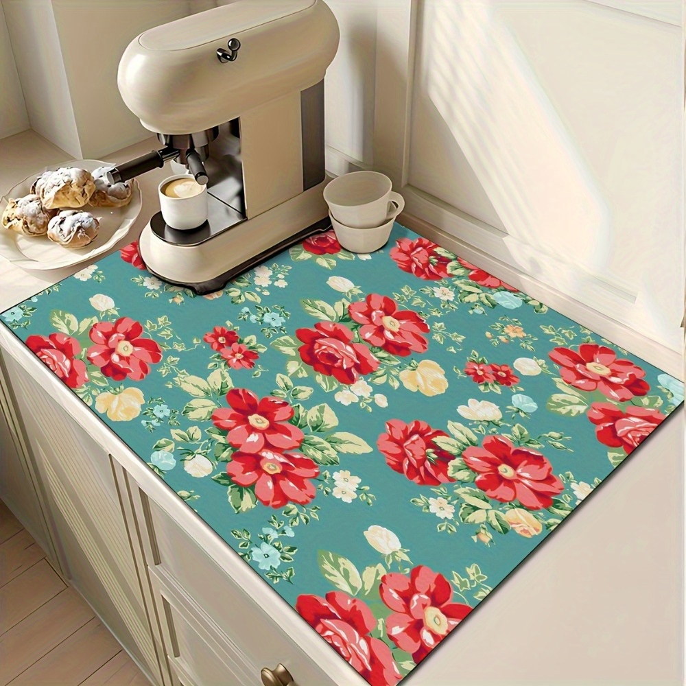 

1pc, Dish Drying Pad, Floral Pattern Espresso Machine Countertop Absorbent Pad, Washstand Drain Mat, Soft Faucet Absorbent Mat, Washstand Cup Mat, Kitchen Accessories, Bathroom Accessories