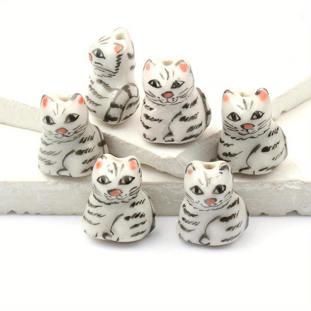 

5pcs Cute Cat-shaped Ceramic Beads, Hand-painted Striped Spacer Beads For Diy Jewelry Making Beaded Decors Craft Accessories