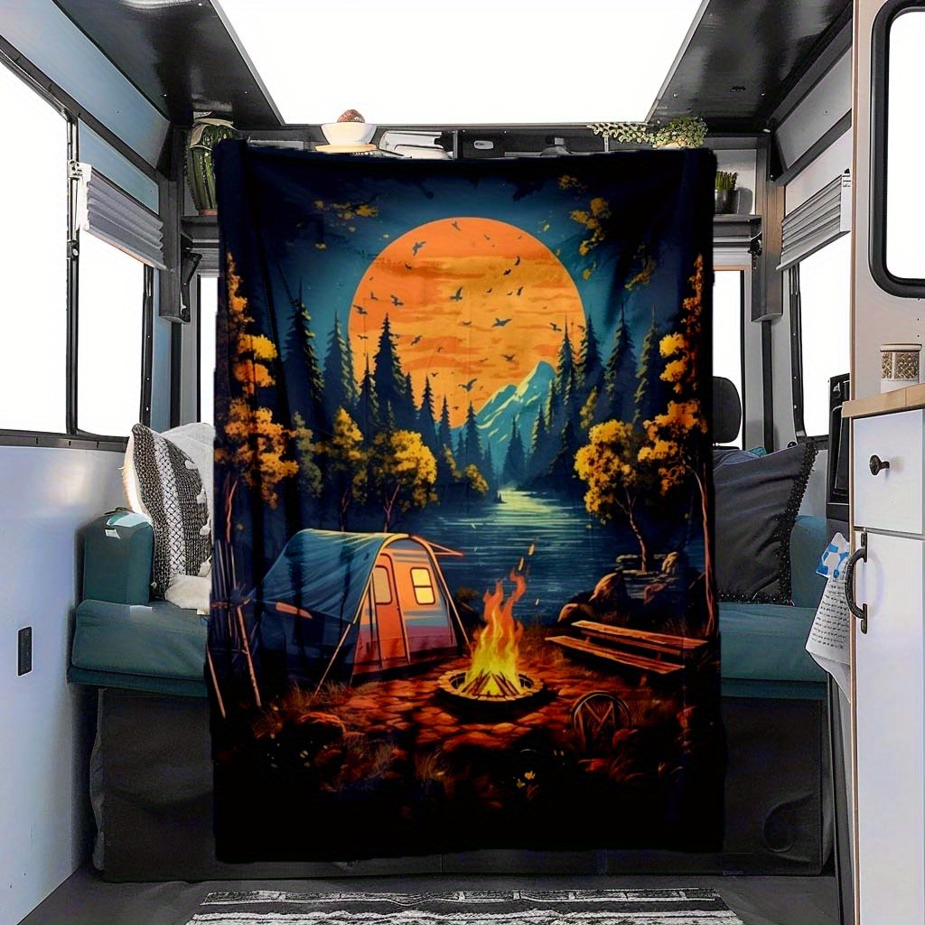 

1pc Camping Art Pattern Car Rv Nap Blanket Flannel Blanket For 4 Seasons