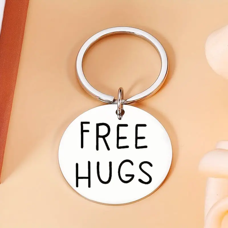 1pc Stainless Steel Free Hugs Engraved Dog Tag Keychain Elegant Round ...
