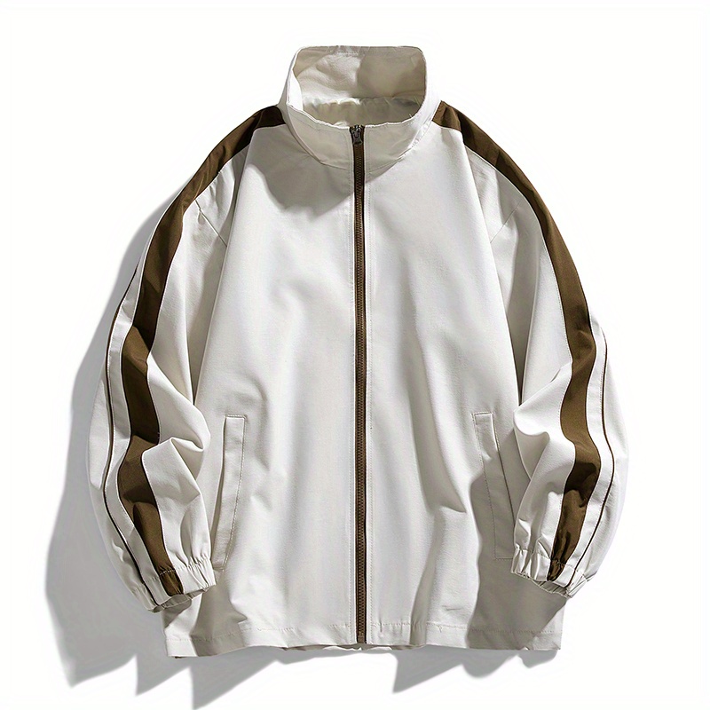 

Men's Casual Striped Jacket - Loose Fit, Zip-up, Stand Collar For Work & Sports, Spring/fall