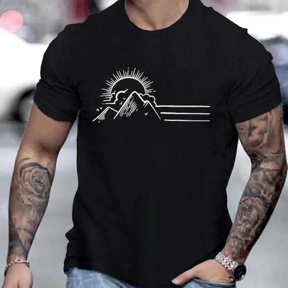 

Mountain And Sunset Print Men's Crew Neck Fashionable Short Sleeve Sports T-shirt, Comfortable And Versatile, For Summer And Spring, Athletic Style, Comfort Fit T-shirt, As Gifts