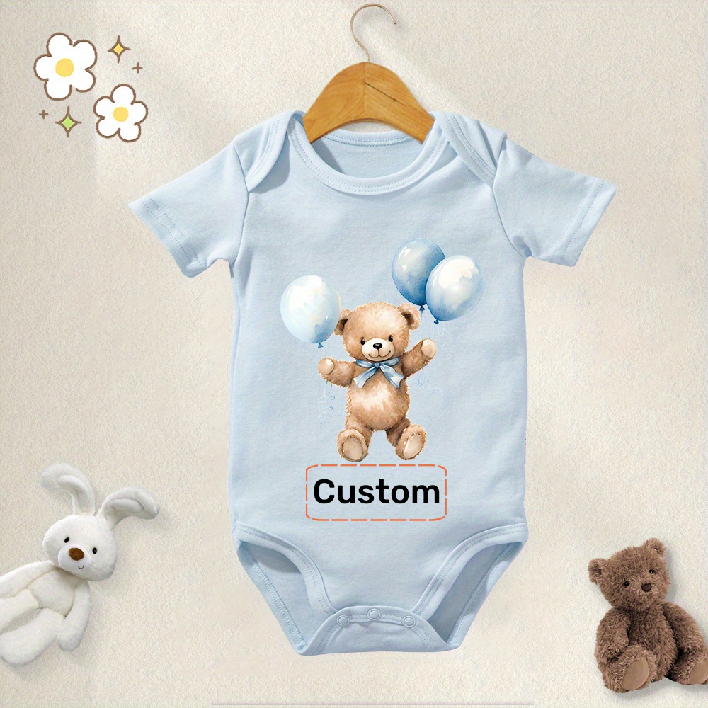 

Customized Baby Boy's Bodysuit, "......" Letter Customization & Ballon Bear Print Cotton Baby Onesies, Comfy Casual Round Neck Romper For Infants & Toddlers