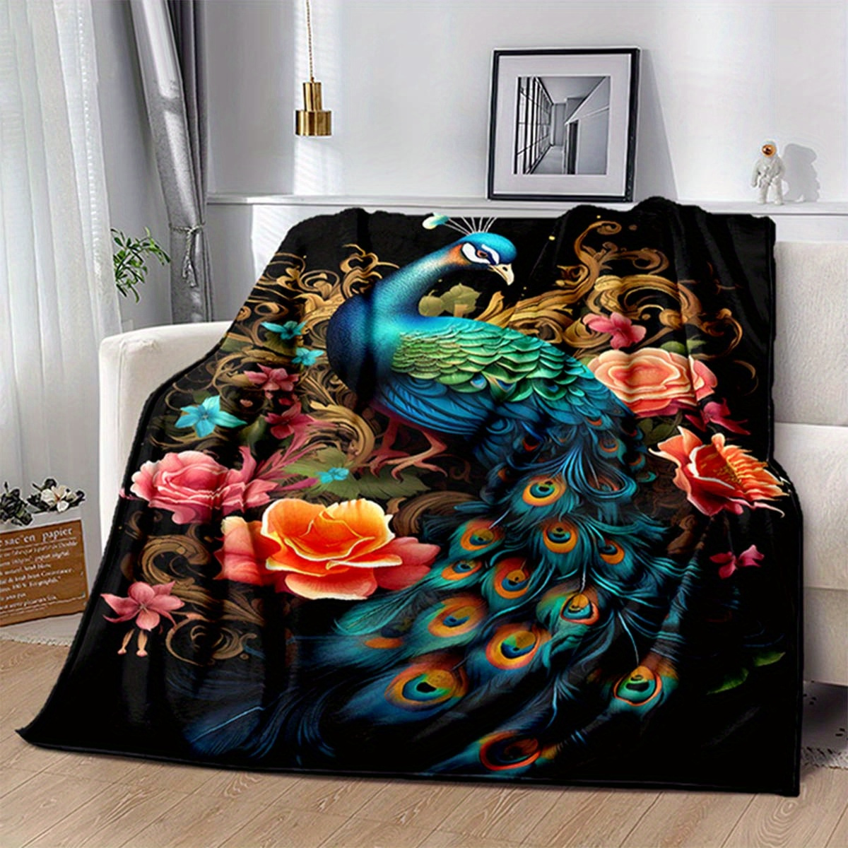 1pc Peacock Soft Flannel Throw Blanket For Living Room Bedroom Bed Sofa Picnic Cover Decor Napping Couch Chair Cover For Car