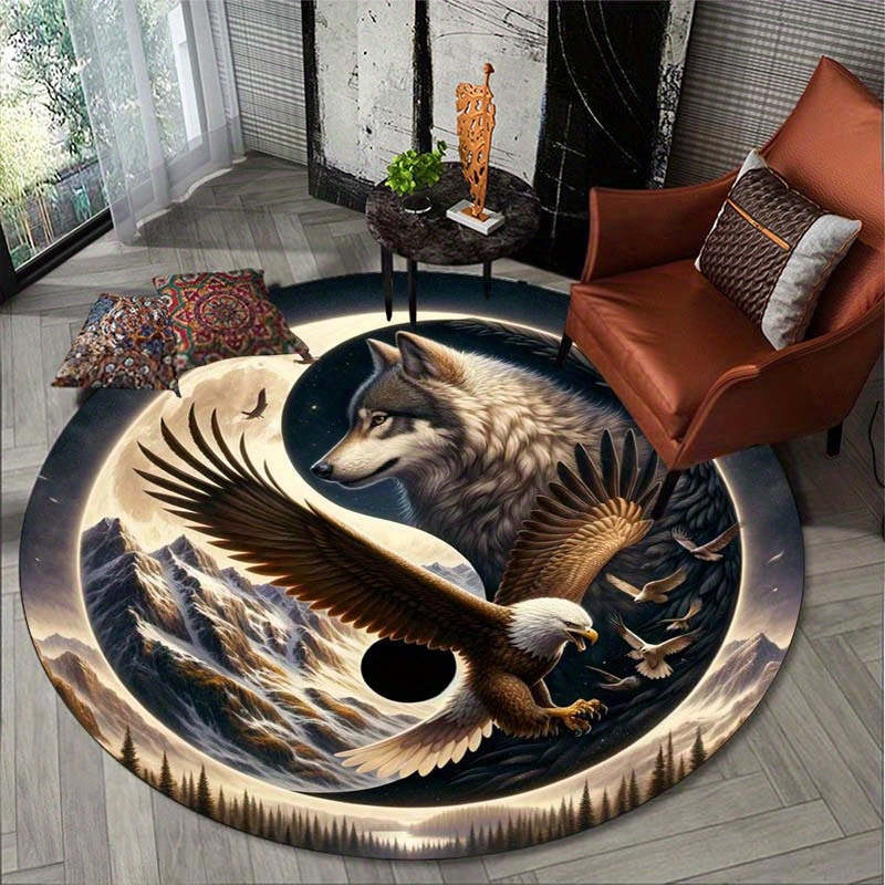 

1pc, Eagle And Wolf Leopard Carpet Round Carpet Indoor Non-slip Carpet Non-shedding Floor Mat Suitable For Bedroom Living Room Bathroom Office Home Decoration Room Decoration