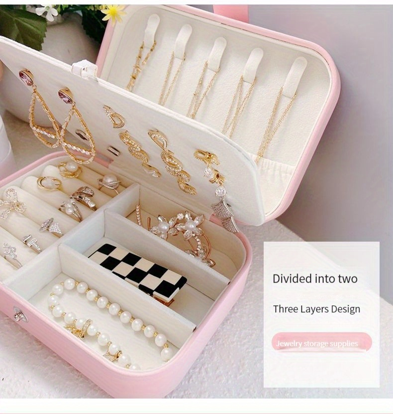 1pc Estuche de Almacenamiento de Joyería de Doble Capa Portátil - Versión Coreana - Organiza Pendientes, Collares y Anillos - Organizador de Escritorio para Uso en Hoteles
