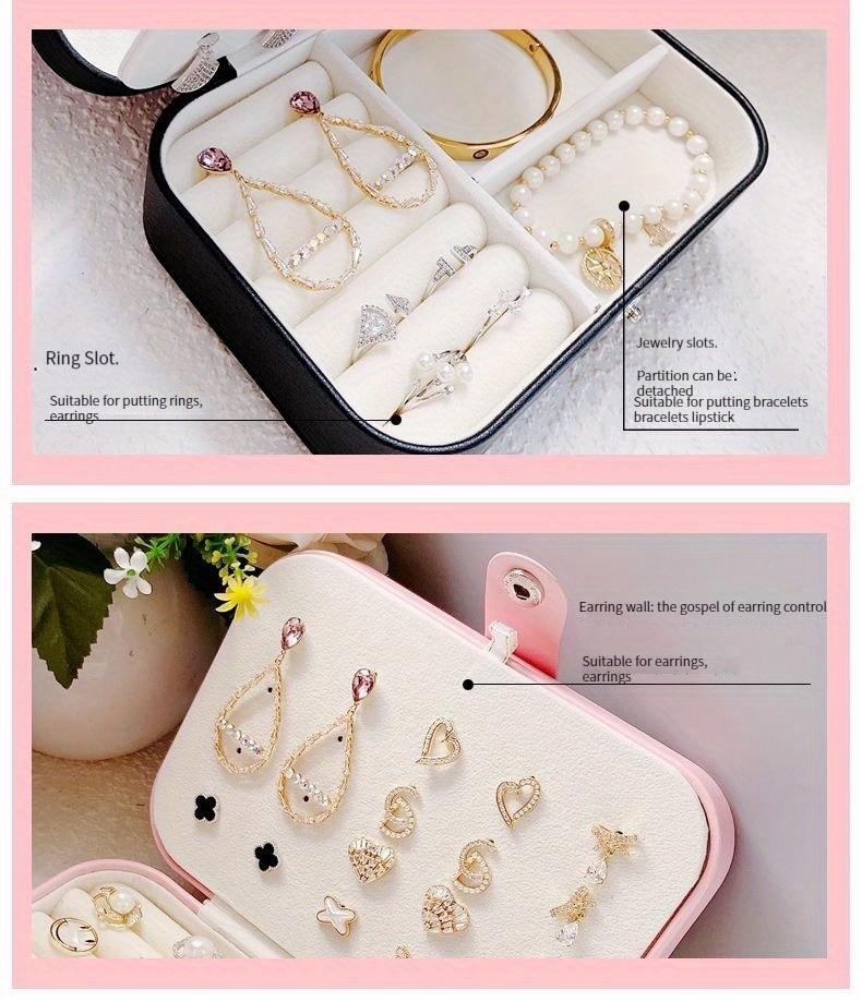 1pc Estuche de Almacenamiento de Joyería de Doble Capa Portátil - Versión Coreana - Organiza Pendientes, Collares y Anillos - Organizador de Escritorio para Uso en Hoteles