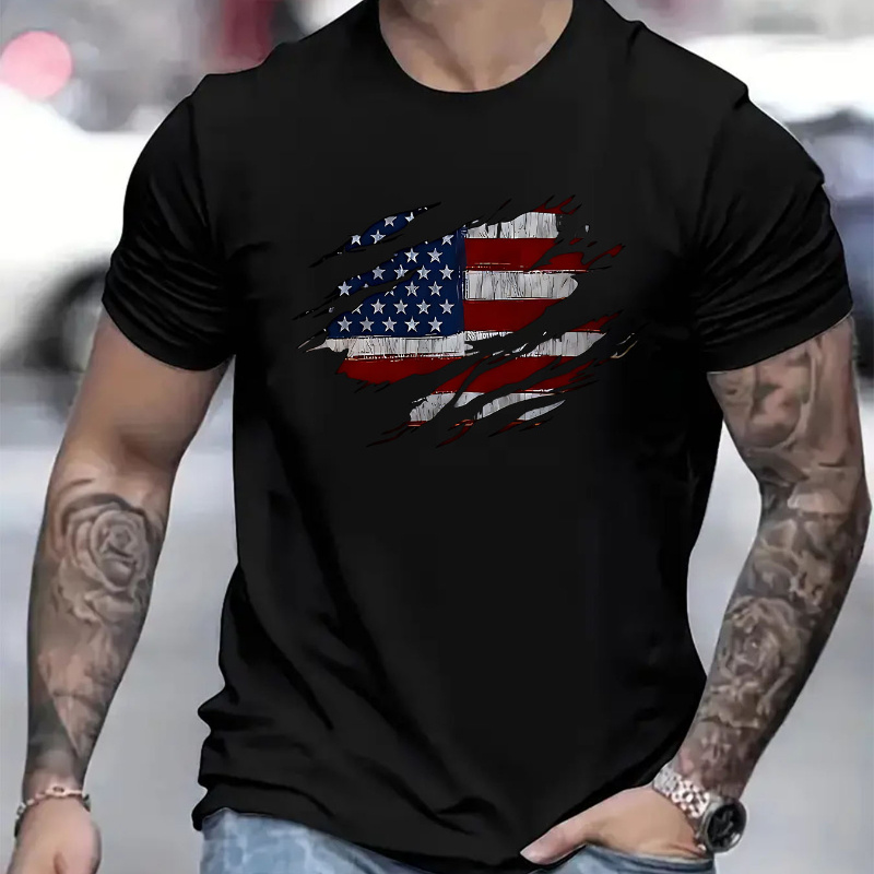 TEMU American Flag Print Men's Crew Neck Fashionable Short Sleeve Sports T-shirt, Comfortable And Versatile, For Summer And Spring, Athletic Style, Comfort Fit T-shirt, As Gifts