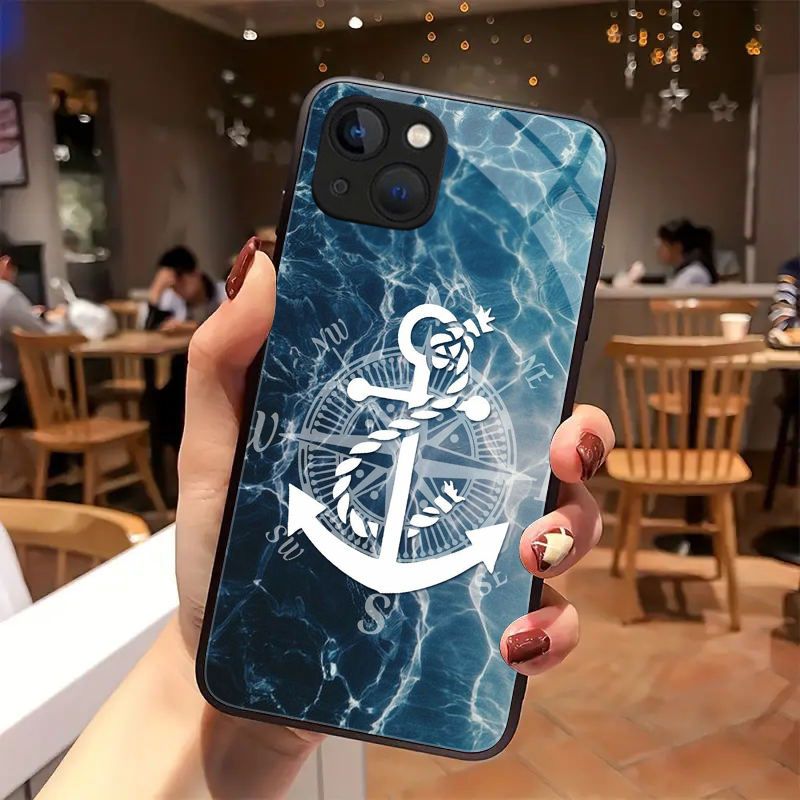 

Anchor Pattern Shockproof Phone Case, With Tempered Glass Back Cover, Suitable For Iphone 15 Pro Max/15pro/15plus/14 Pro Max/14 Plus/14 Pro/14/13 Pro Max/13 Pro/13/12 Pro Max/12 Pro