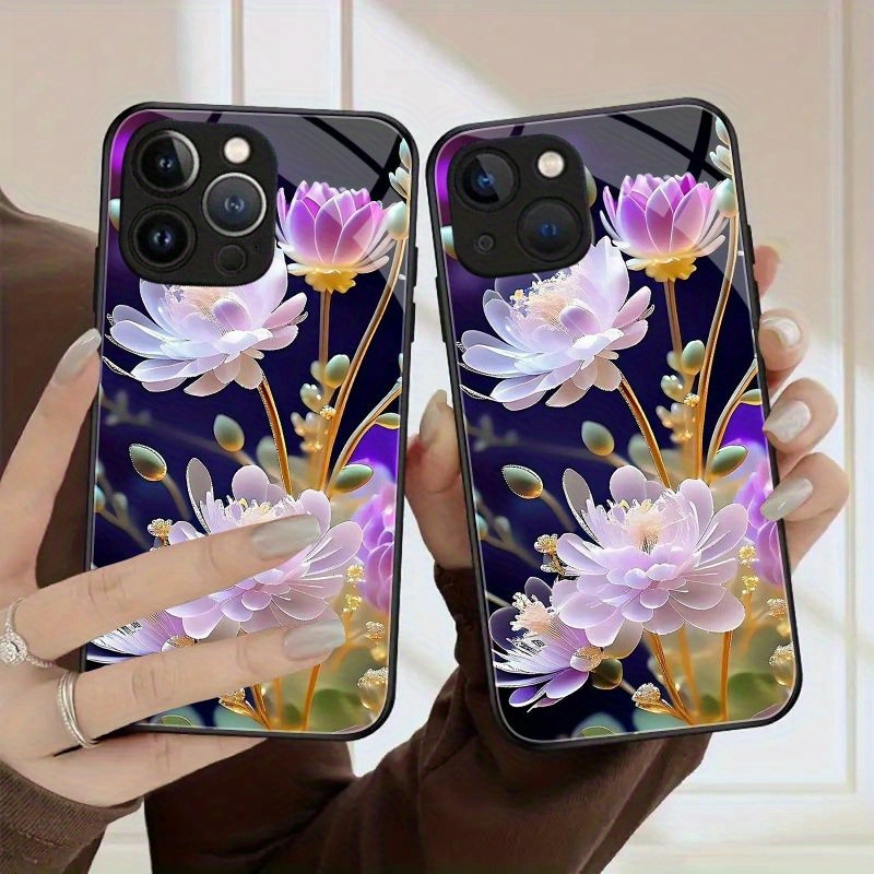 TEMU Phone Case: Fashion/populer Flower Anti-fall Tempered Glass Case Suitable For Black Protective Phone Case 15pro Max/15pro/15plus,14 Pro Max/14