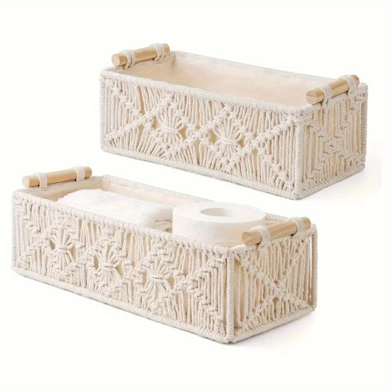 

2pcs/set Bohemian Decorative Storage Box, Handwoven Cotton Toilet Tank Basket For Bathroom Kitchen Cabinet, Boho Chic Organizer Box