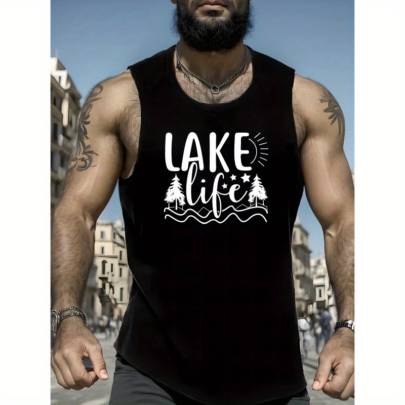 

Lake Life Print Summer Men's Quick Dry Moisture-wicking Breathable Tank Tops Athletic Gym Bodybuilding Sports Sleeveless Shirts For Running Training Men's Clothing