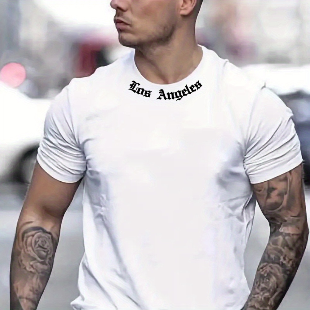 

Los Angeles Pattern Print Men's Fashionable Creative Top, Casual Short Sleeve Crew Neck T-shirt, Men's Clothing For Summer Outdoor