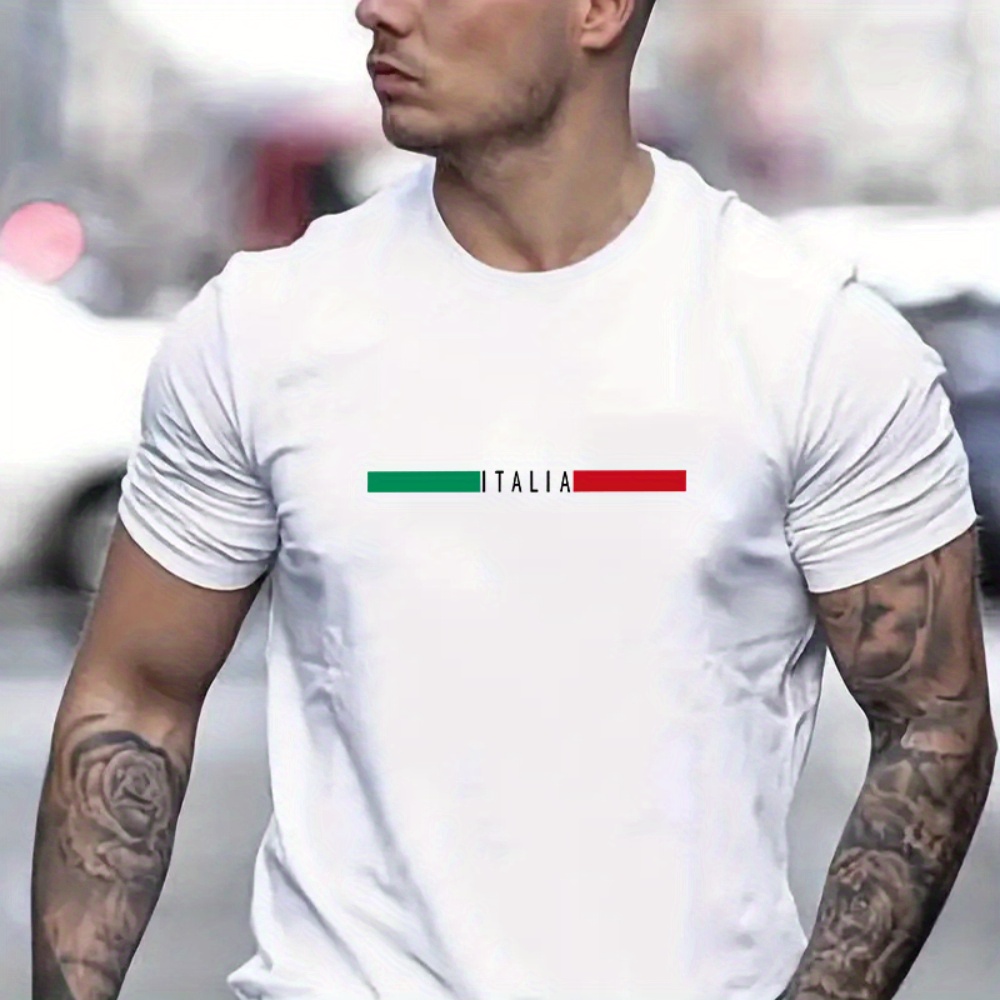

Italia Graphic Men's Short Sleeve T-shirt, Comfy Stretchy Trendy Tees For Summer, Casual Daily Style Fashion Clothing