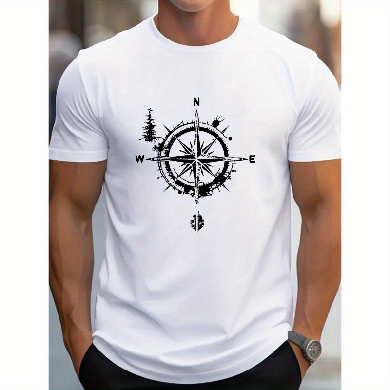 

Compass Print T Shirt, Tees For Men, Casual Short Sleeve T-shirt For Summer