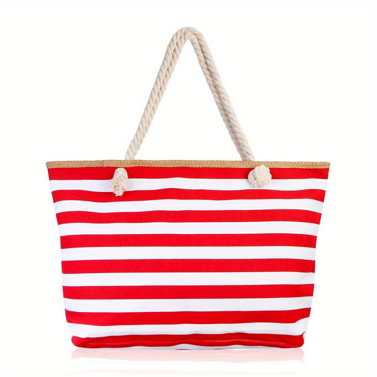 

Women's Striped Canvas Tote Bag With Rope Handles, Large Capacity Shoulder Beach Bag For Travel And Shopping