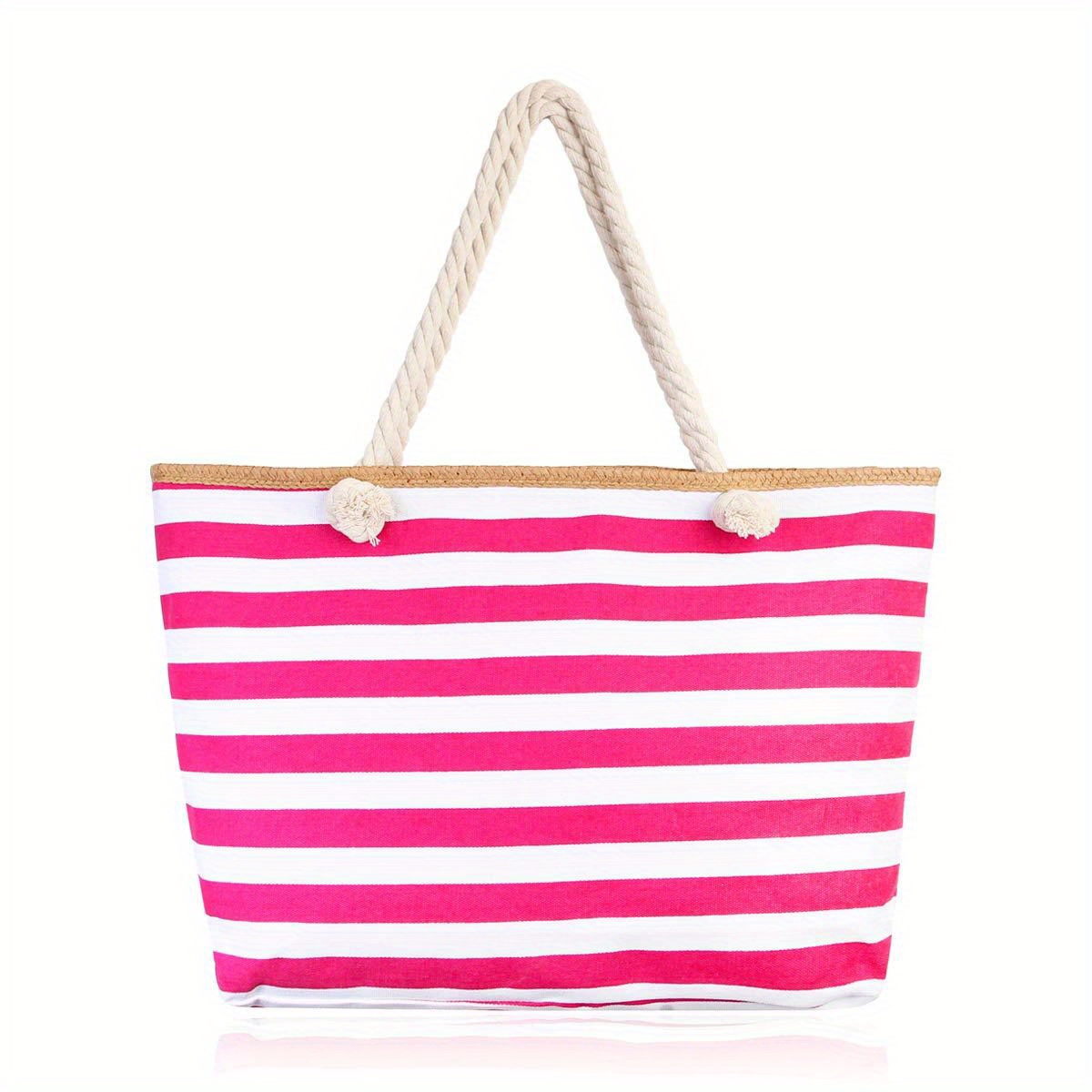 

Large Casual Women's Canvas Tote Shoulder Bag, Striped Shoulder Beach Bag For Travel & Shopping