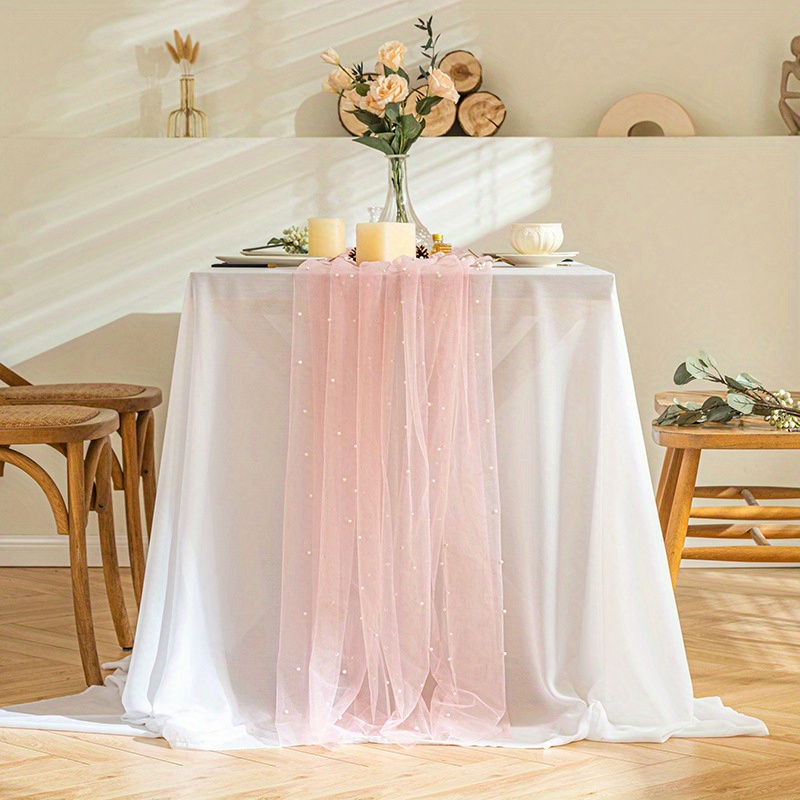 

1pc, Pink Polyester Table Runner, European Style Solid Color Mesh Bead Table Runner, Simple Solid Color Tablecloth Romantic Pearl Yarn Table Runner, Wedding Decoration
