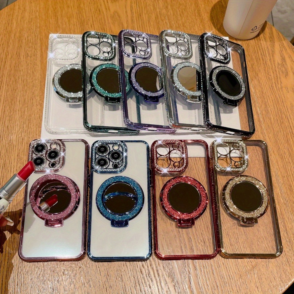 

Rhinestone Mirror Magnetic Suction Bracket Case Phone Case Fit For Phone15 14 13 12 11 Pro Plus Promax