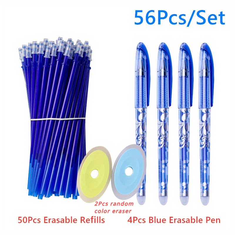 TEMU 56pcs/set Erasable Gel Pens, Black Blue Refill Rod, 0.5mm Ballpoint Pen, Washable Handle School Office Writing Supplies Stationery