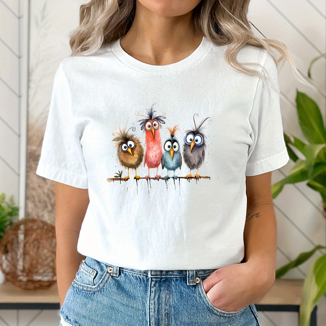 

Bird Print Crew Neck T-shirt, Casual Short Sleeve Top For Spring & Summer, Women's Clothing