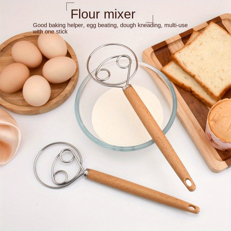 

1pc, Stainless Steel Manual Dough Mixer (10.43"x2.95"), Handheld Flour Beater With Wooden Handle, Non-stick Baking Tool, Egg Whisk, Kitchen Gadget For Bread Making, Pastry, And Cake
