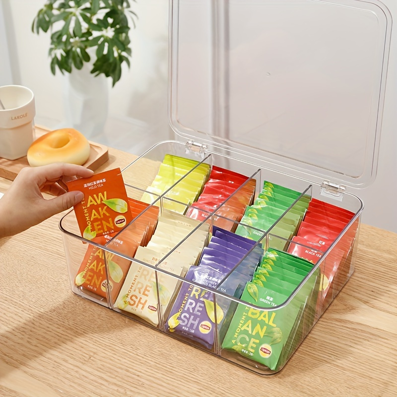 1pc Clear Tea Bag Organizer With Lid,Plastic Divided Storage Container Box  For Kitchen,Cabinet,Multifunctional Space Saving Storage Box.