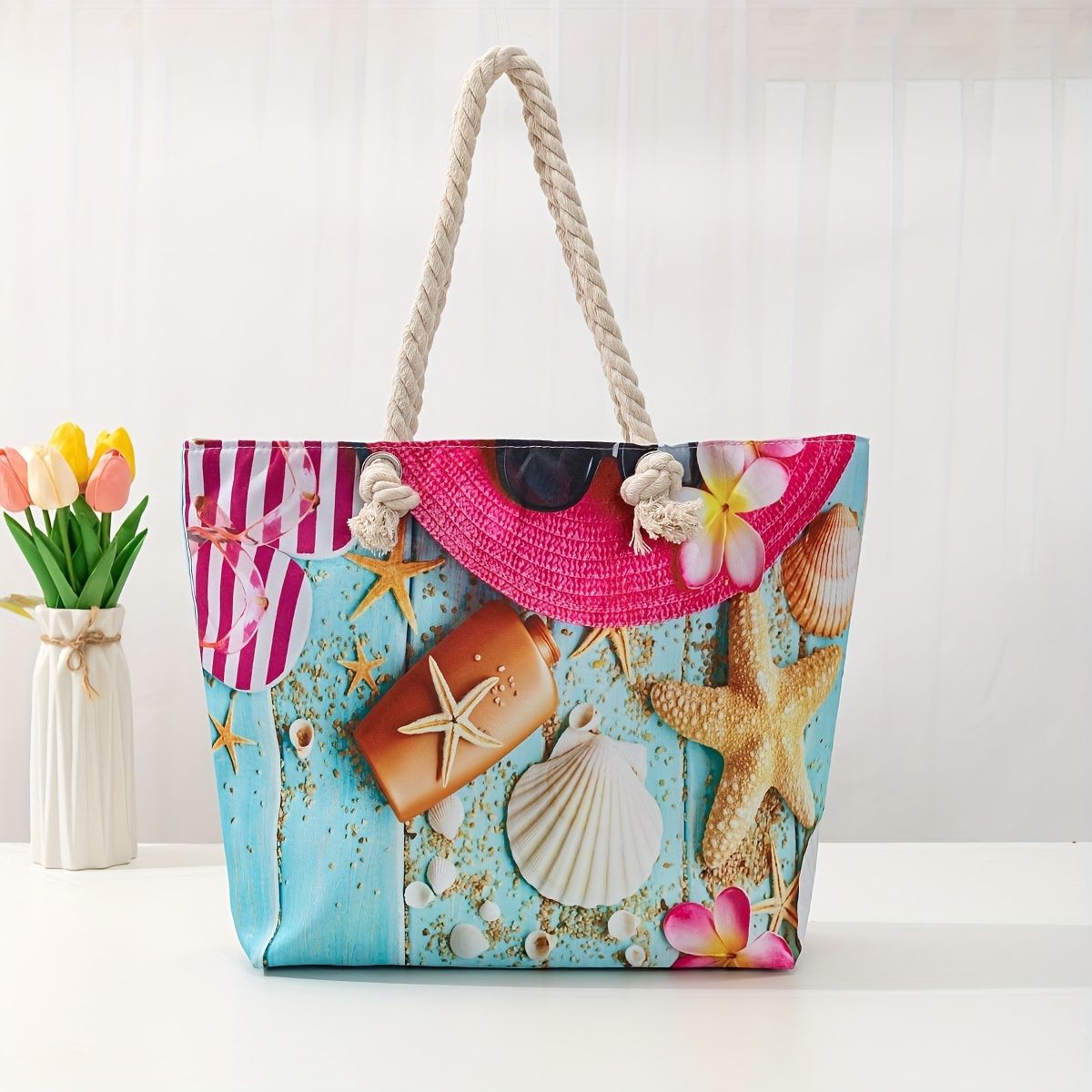 

Seaside Graphic Canvas Tote Bag, Fashionable Double-handle Shoulder Bag For Beach Holiday