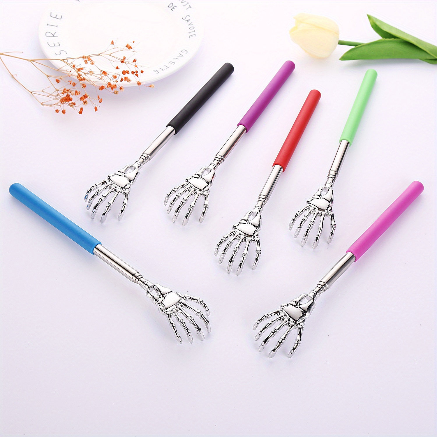 

6pcs Skeleton Hand Telescopic Back Scratcher, Stainless Steel Extendable Itch Relief Massager With Comfortable Colorful Handles For Home Use