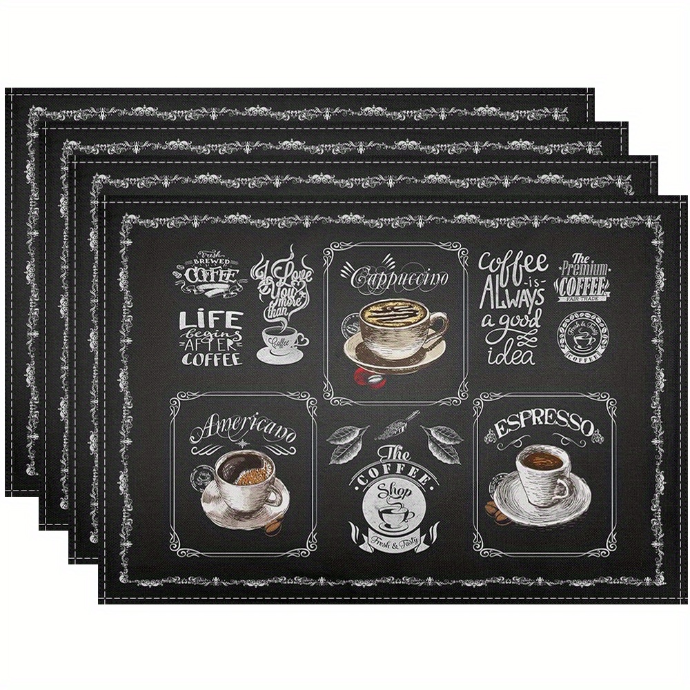

1/4/6pcs, Table Pads, Giwawa Coffee Theme Placemats, Black Polyester With Espresso Cup And Beans Printed, Washable Dining Table Mats For Home, Hotel, Banquet
